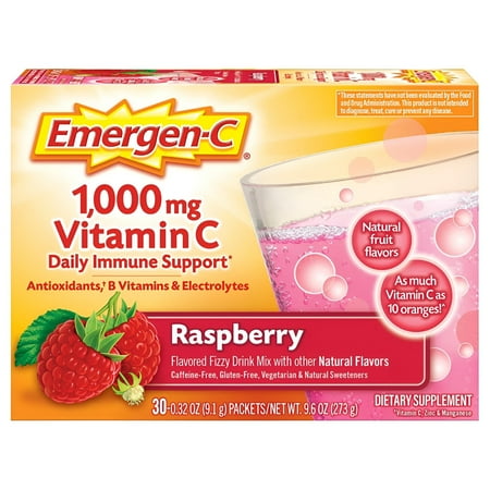 Emergen-C Vitamin C 1000mg Powder (30 Count, Raspberry Flavor, 1 Month Supply), With Antioxidants, B Vitamins And Electrolytes, Dietary Supplement Fizzy Drink Mix, Caffeine Free