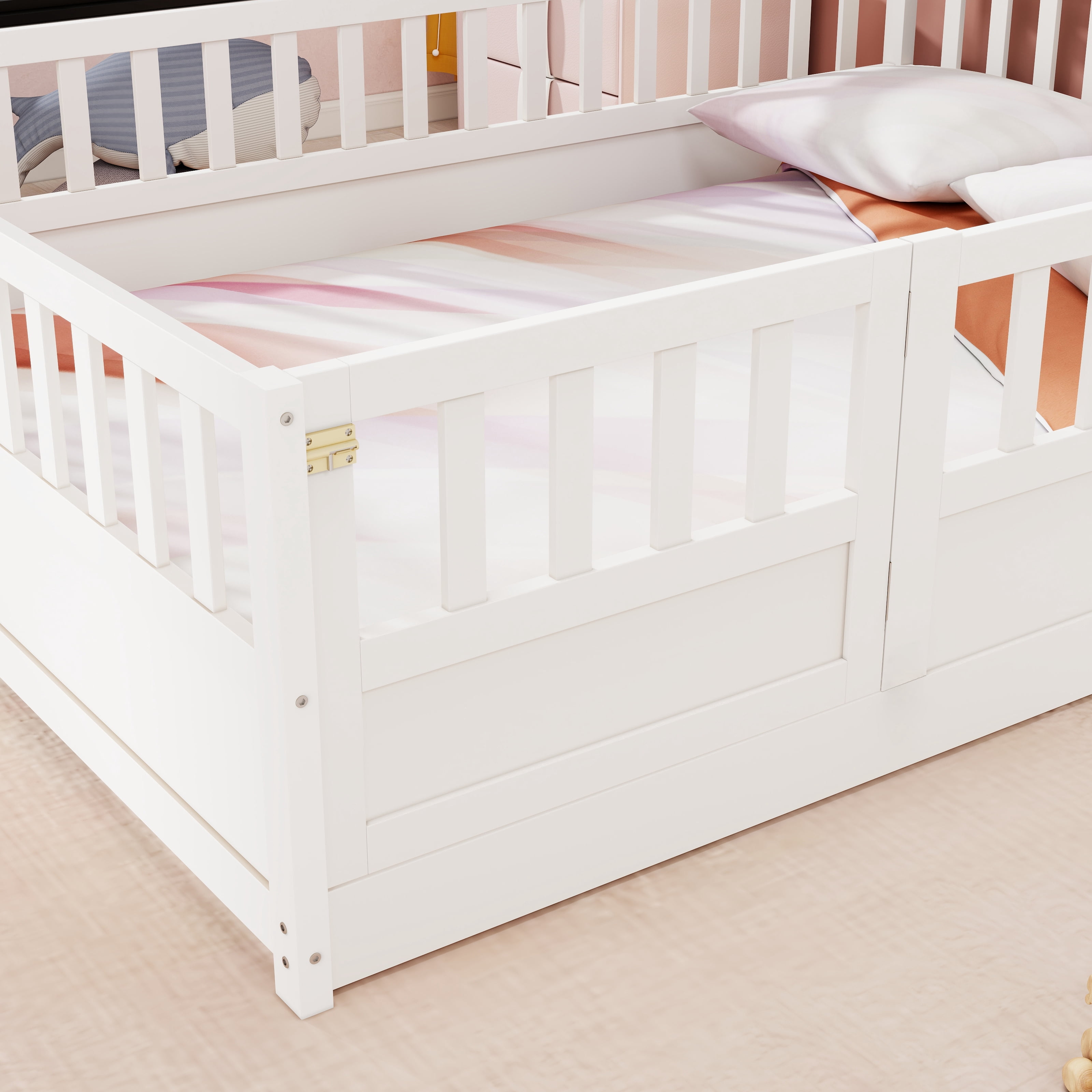 Wood Floor Bed with Fence and Door for Kids, Full, White