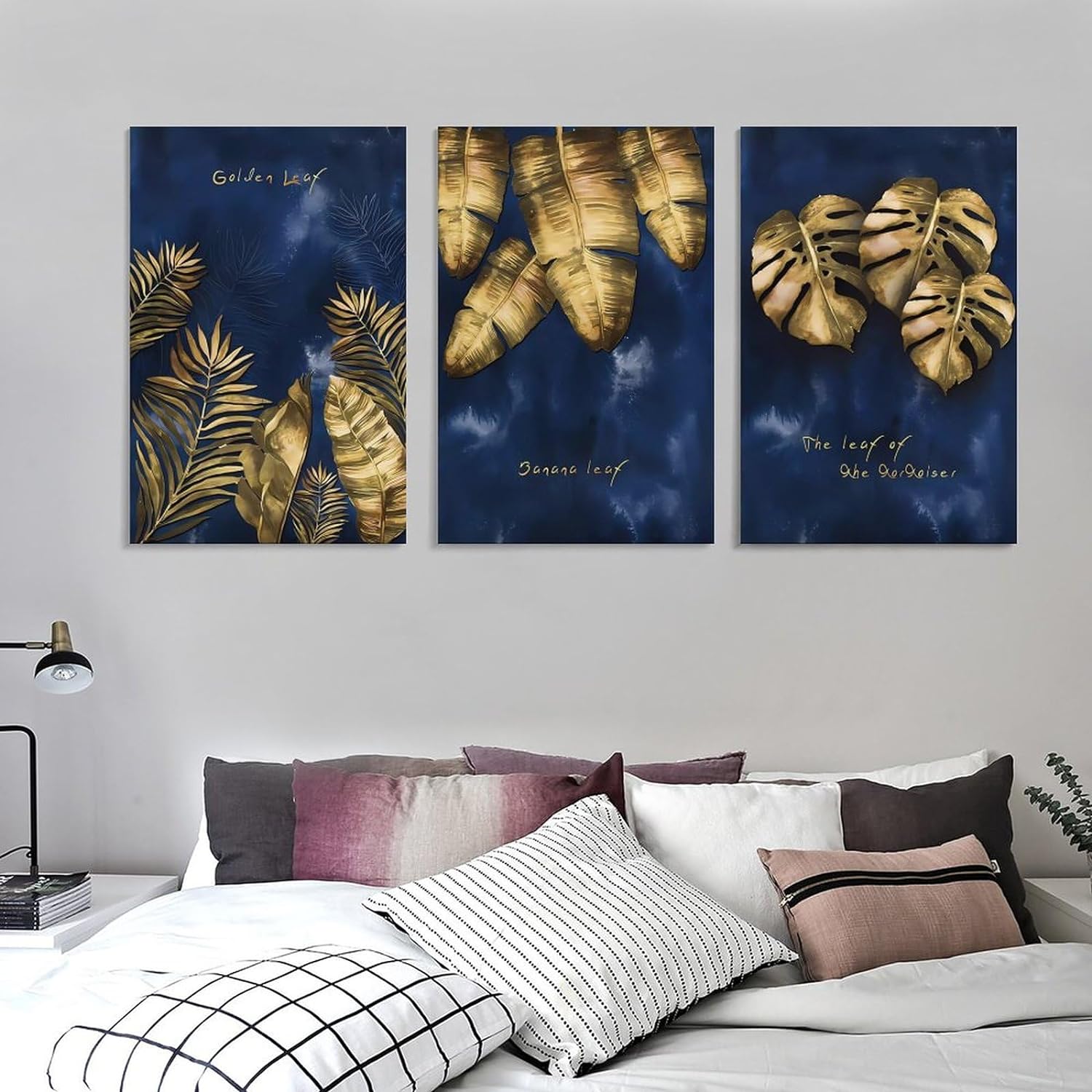 3 Pieces Picture Set Nordic Luxury Navy Blue Gold Abstract Leaves Vein Texture Canvas Print Decorative Painting for Living Room Home Decor With Inner Frame