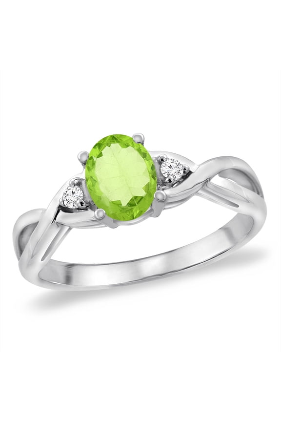 14K White Gold Diamond Natural Peridot Infinity Engagement Ring Oval 7x5 mm, size 6