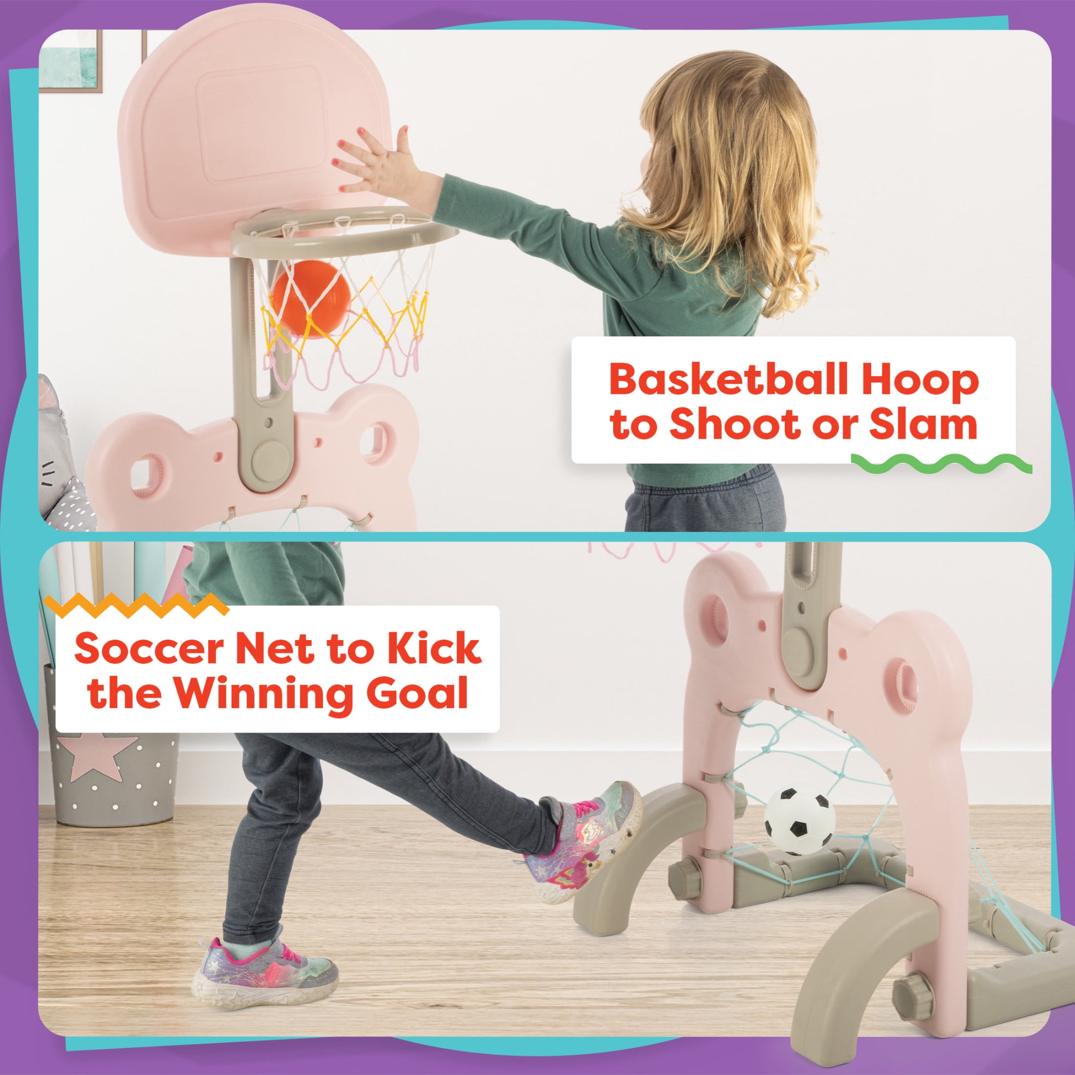 Hey Play 2-in-1 Adjustable Toddler Basketball Hoop and Soccer Goal (Pink)