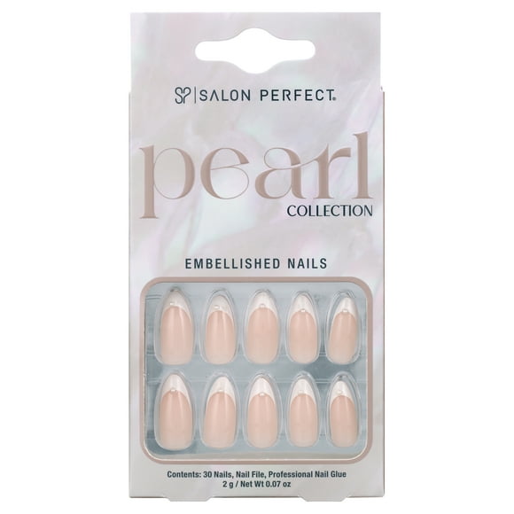 Salon Perfect Press On Nails, 170 White French Fake Nail Kit, Single Pearls, File & Nail Glue Included, 30 Nails