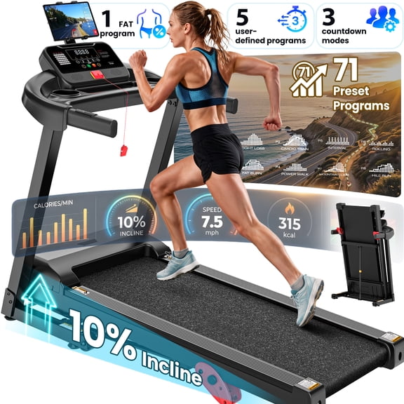 3.5 HP Foldable Treadmill for Home, Electric Running & Walking Exercise Equipment with 10% Incline, Treadmill 300 lb Capacity, App Sync Technology, Heart Rate Sensor, 15.8" Wide Belt