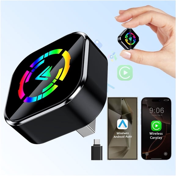 Wireless CarPlay Adapter for iPhone 2026 Wireless Android Auto Adapter Mini Size with Cable USB & USB-C/Type-C Plug and Play Stable Connection and No Delay