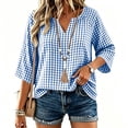 thumbnail image 6 of VBVC Women's Gingham V Neck Blouse, Ladies' 3/4 Sleeve Summer Tunic Top, Casual Loose Fit Checkered Shirt For Women, Blue , S-3XL, 6 of 7