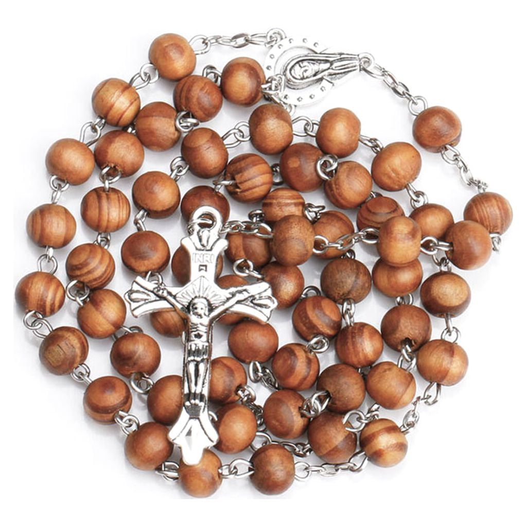 Handmade Wooden Catholic Rosary Necklace - Round Bead Cross Pendant, Religious Gift