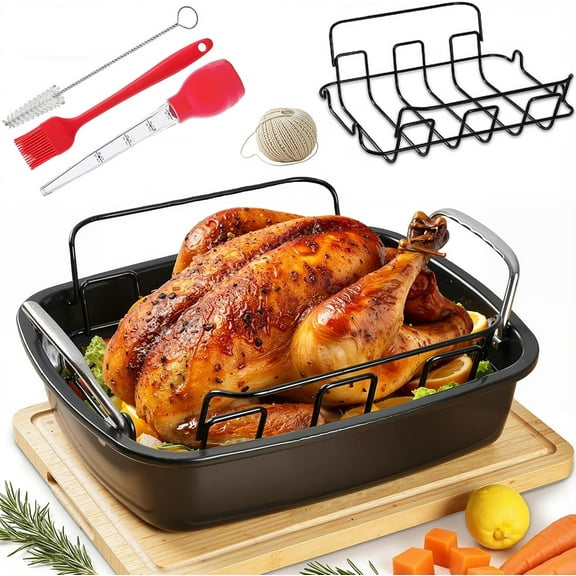 YANGLI Large Roasting Pan Kit 17x13 Inch | Includes Baster, Pastry Brush & Twine, Dark Grey
