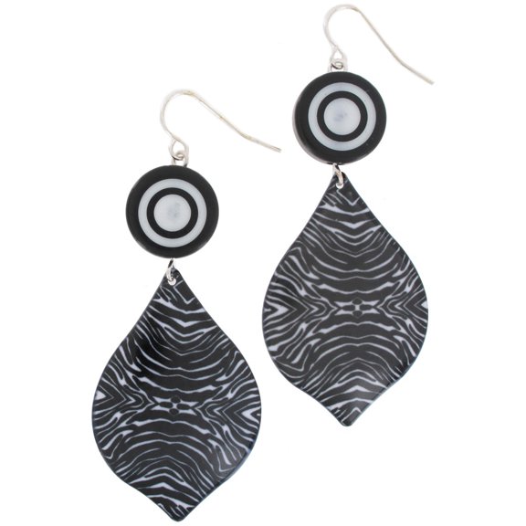 Dangle Drop Enamel Bold Zebra Print Black White 3" Pierced Earrings Ladies Adult Female Women