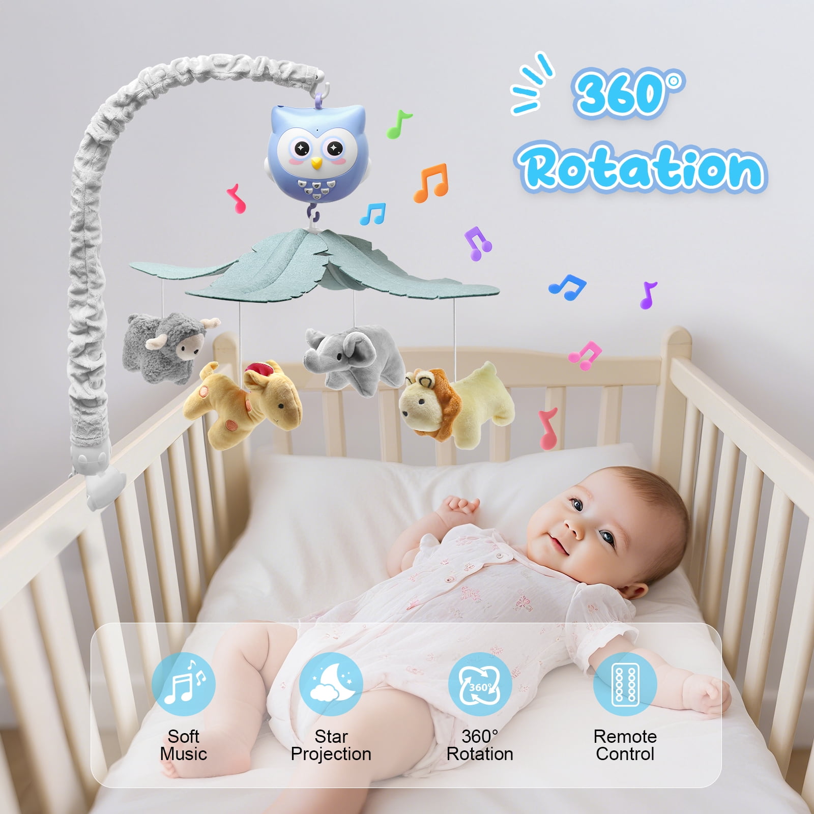 SUMWE Baby Crib Mobile with Music and Lights for Boys Musical Mobile Animals for Crib Bassinet Girls Toys Hanging Portable Safari Nursery Decor Blue