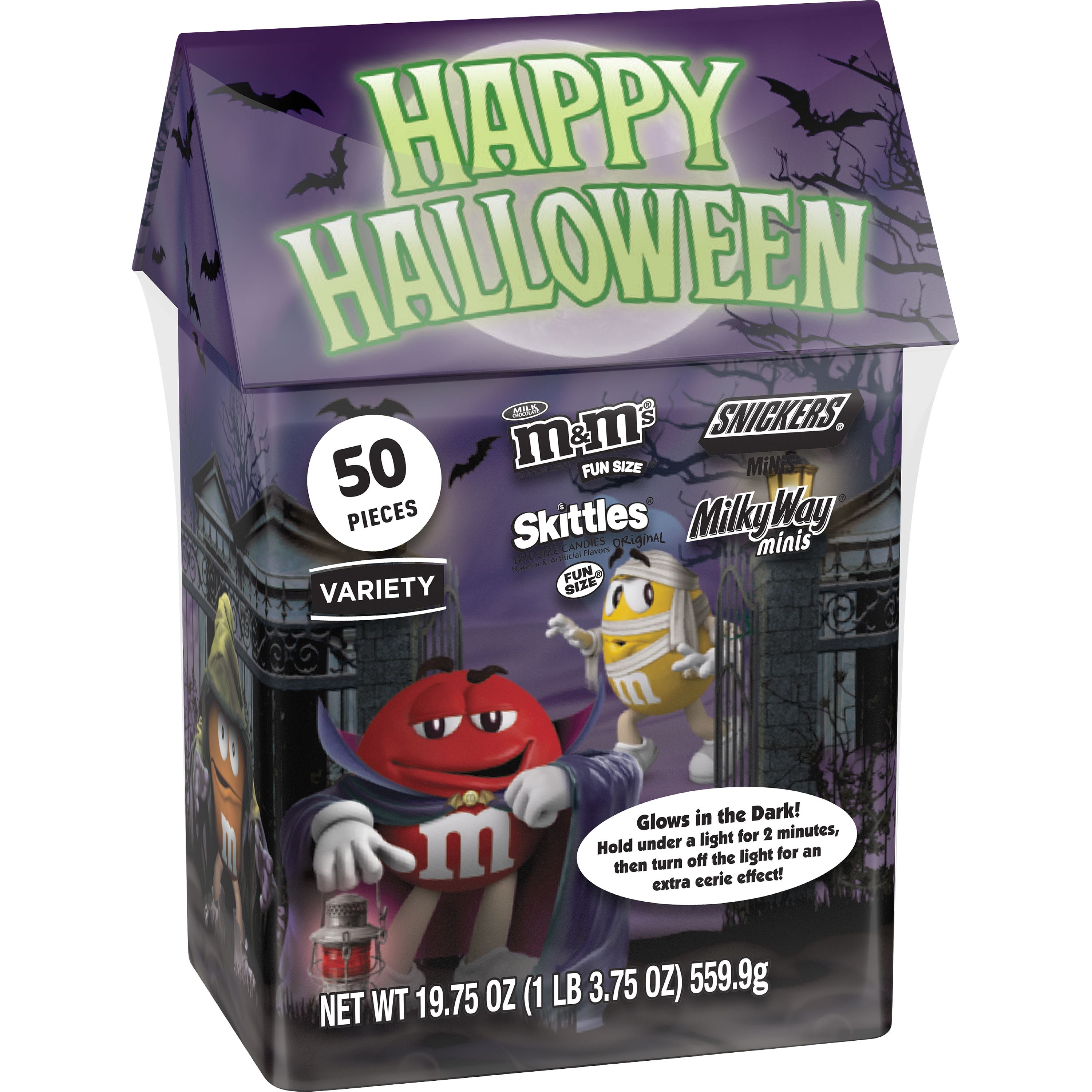M&M'S, SNICKERS, SKITTLES, STARBURST Halloween Variety Candy | Contains 50  Pieces, 19.75 Oz. | Glow in the Dark Tin