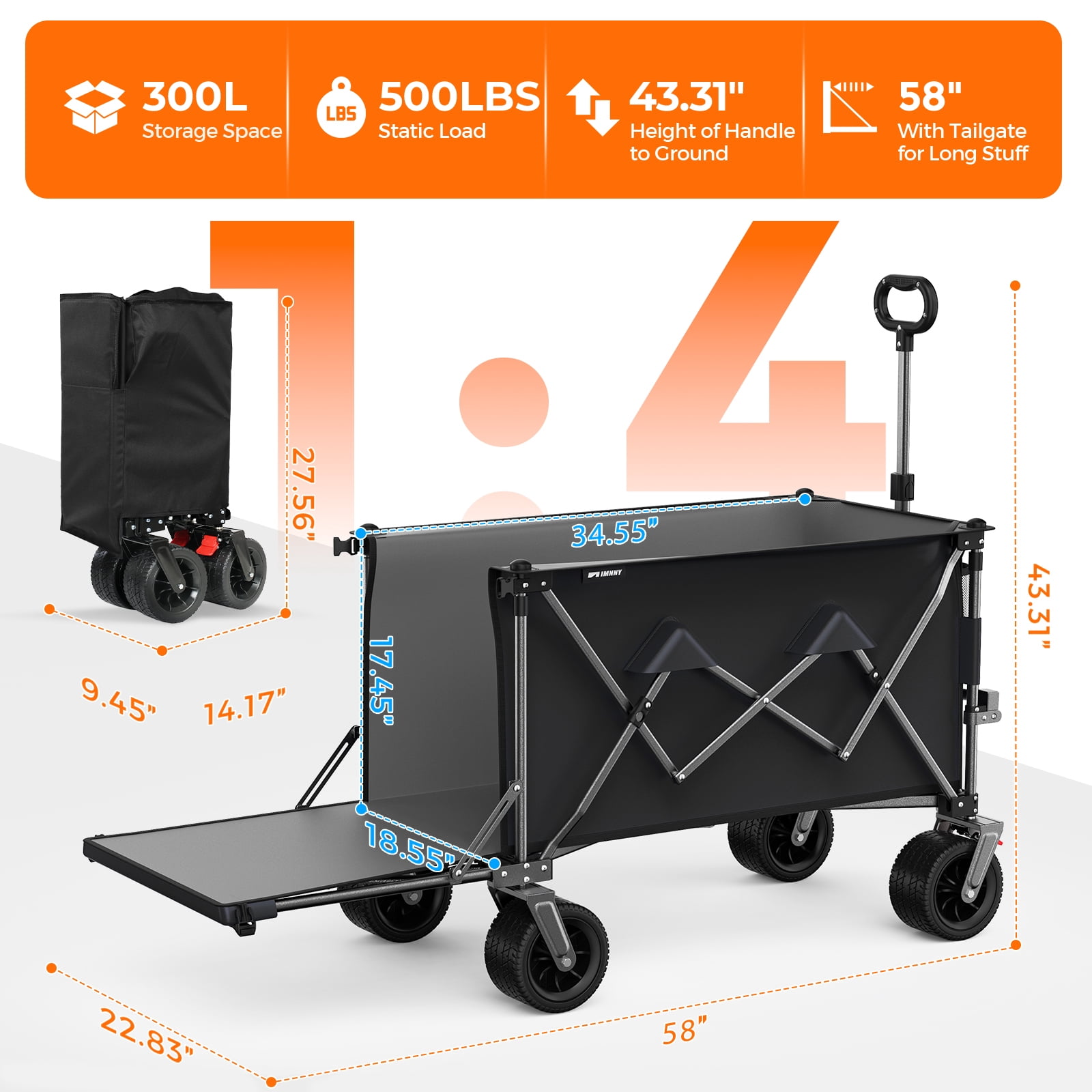Folding Wagon with Removable Fabric 500 lbs Capacity 300L Storage 58 Long Frame All-Terrain Wheels
