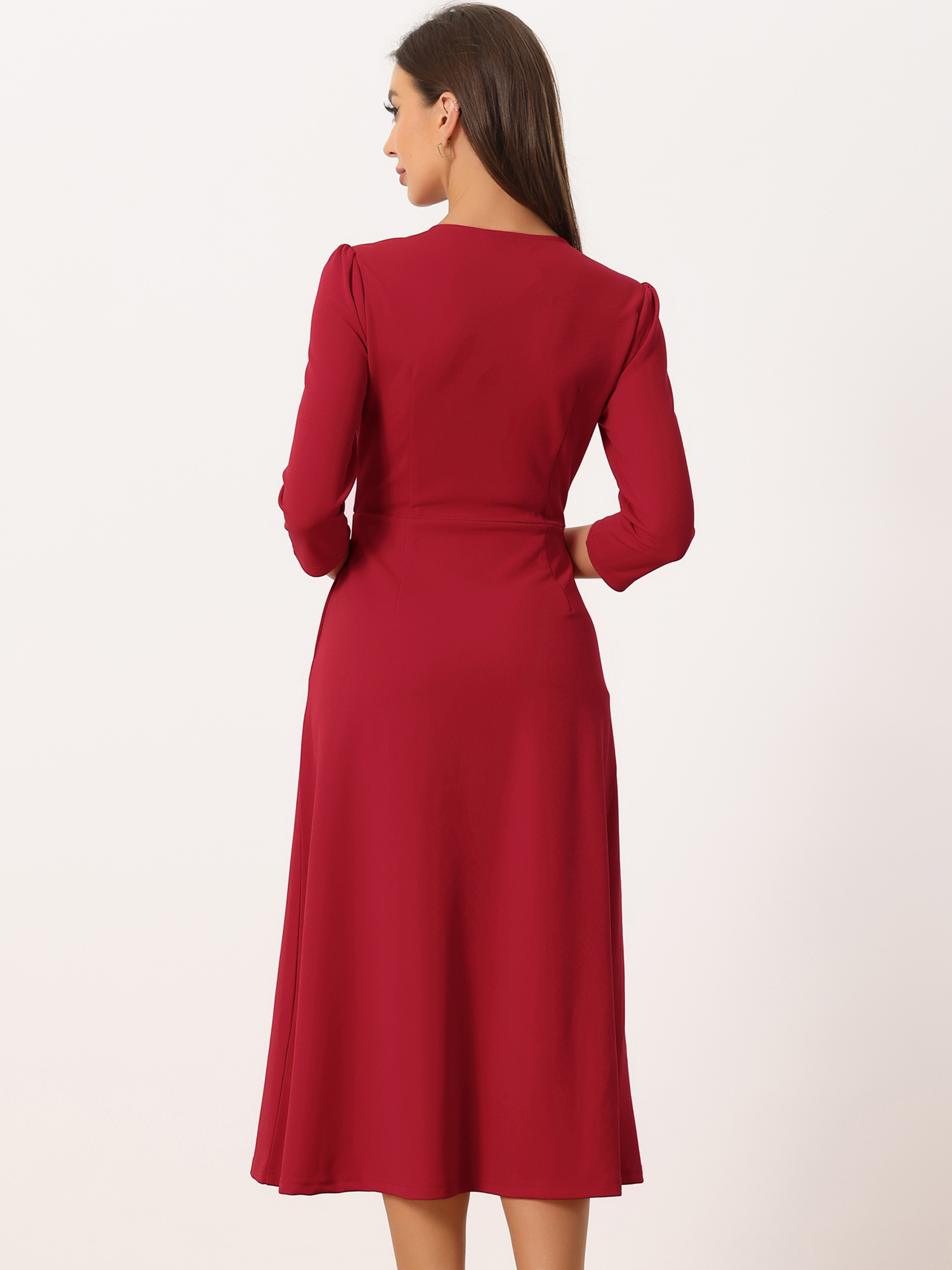 DARING DIVA Work Office Elegant 3/4 Sleeve V Neck A-Line Dress XS Red