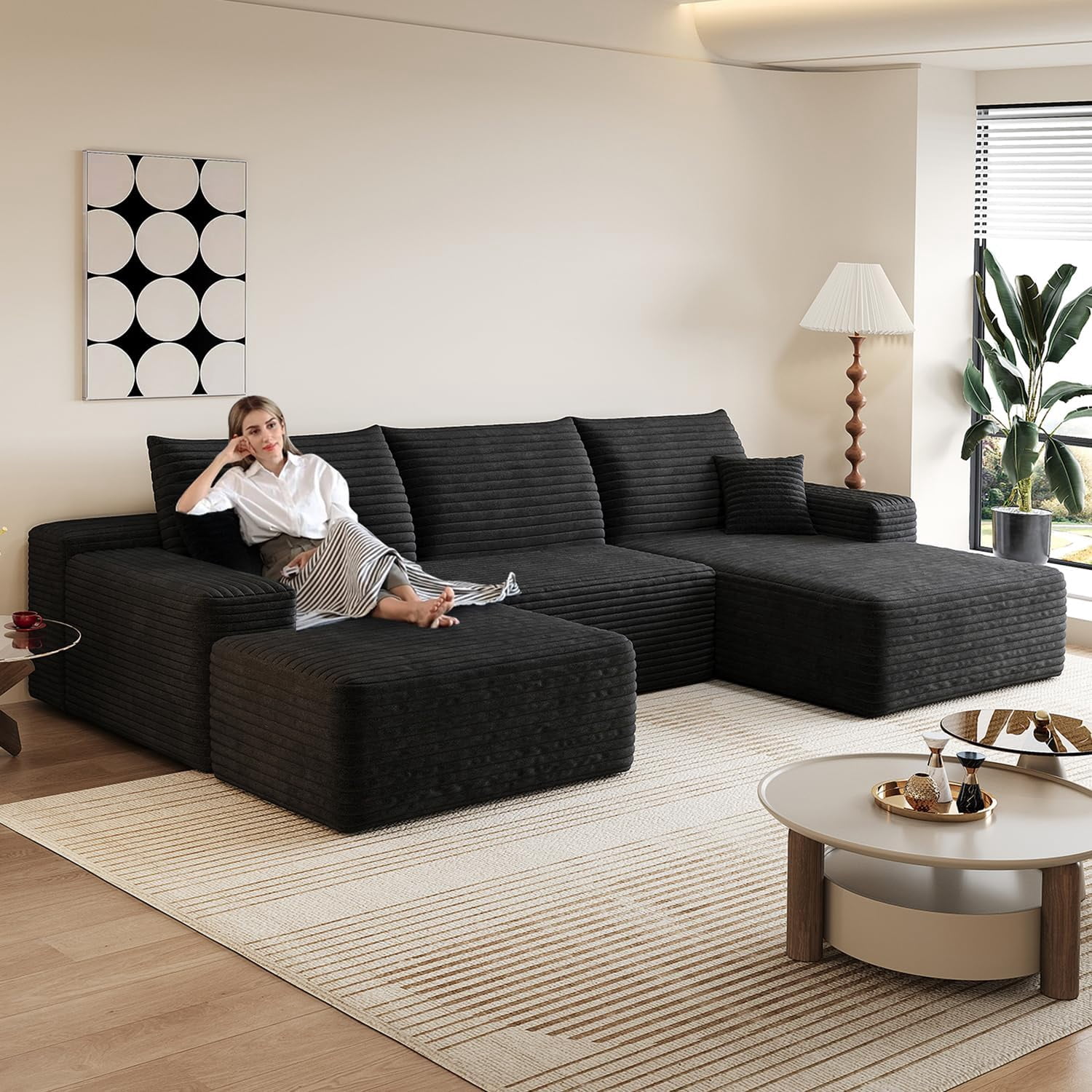 Sailvan 107" Cloud Sectional Couch, Cloudy Sofa with L-Shape Chaise & Ottoman, Upholstered Couches for Living Room & Bedroom, No Assembly Required, Plush Corduroy Fabric, Black