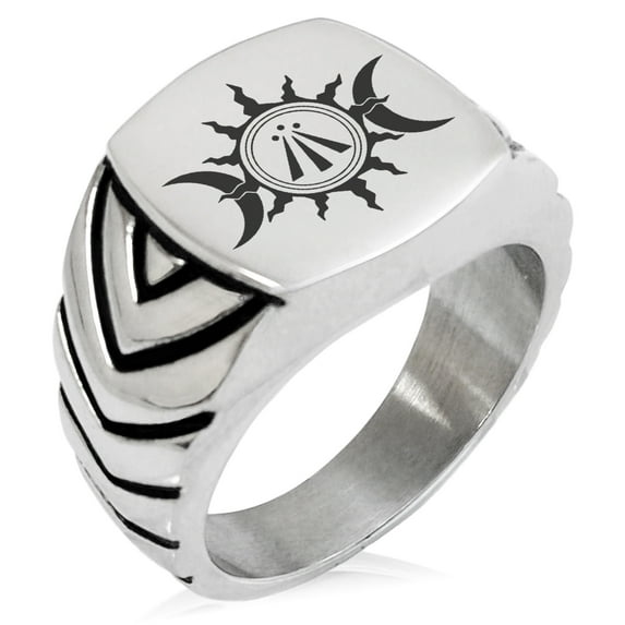 Stainless Steel Celtic Awen Arwen Sun & Moon Chevron Pattern Biker Style Polished Ring
