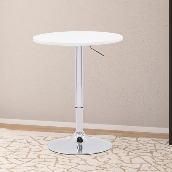 CorLiving Maya Round Adjustable Height Indoor Bar Table with Swivel and Metal Pedestal Base, Chrome/White