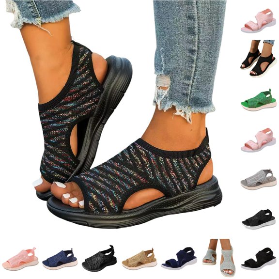 Huowey Wedge Sandals For Women Dressy Comfortable Summer Casual Hollow Knit Slingback Platform Sandals Open Toe Slip On Thicken Walking Shoes Beach Footwear,b-Black,12