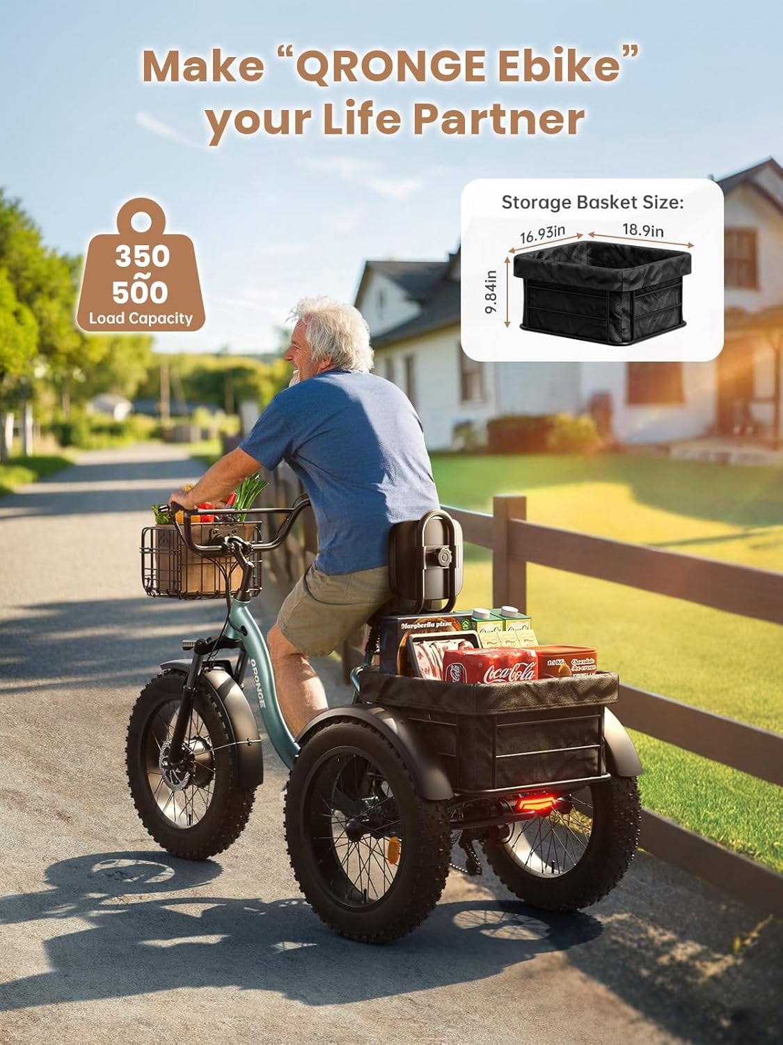 QRONGE Electric Tricycle for Adults 960W 50Miles Range 20 mph 20" Fat Tire Electric Trike 36V 15AH Battery Etrike 3 Wheel Electric Bike Step-Thru Mountain E Bike for Farm Work Travel, UL2849 by SGS