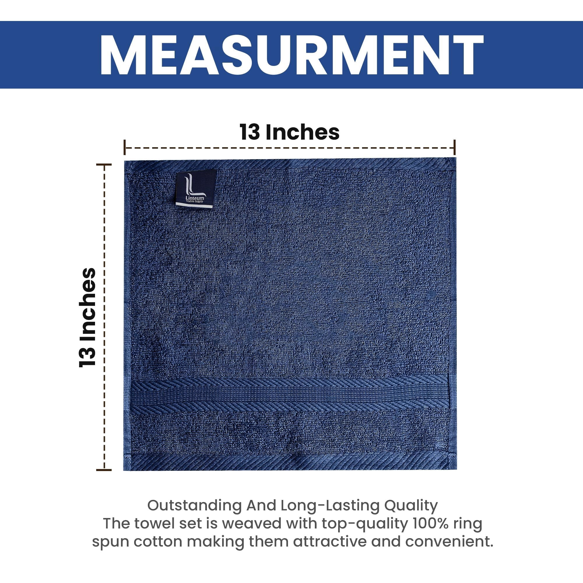 Linteum Textile Supply 13x13 Washcloth (Navy Blue) – 100% Ring Spun Cotton Zero Twist Towels | Absorbent, Quick Dry, Durable for Bathroom, Spa, Gym (12 Pack)