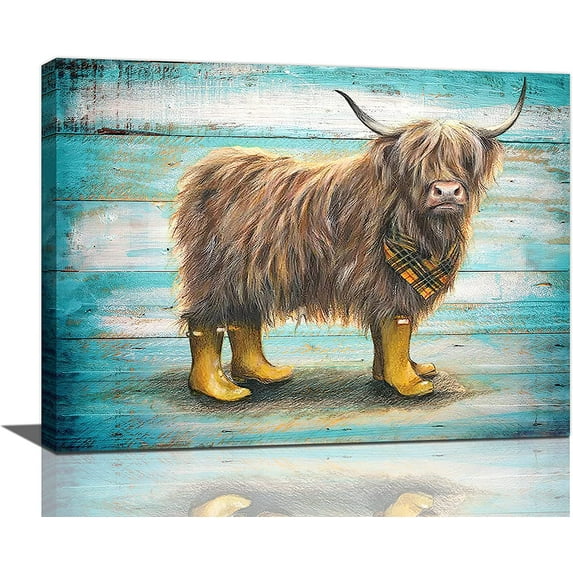 Cute Highland Cow Wall Art Funny Farm Highland Cow Animal Wall Decor Pictures Canvas Print Framed Painting Modern Home Decoration Artwork for Bedroom Living Room 16"x12"
