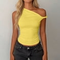thumbnail image 4 of Summer Shirts Womens One Shoulder Tops Sleeveless Slim Fit Ruched Tees Twist Strap Trendy Going Out Outfits (S, Yellow), 4 of 6