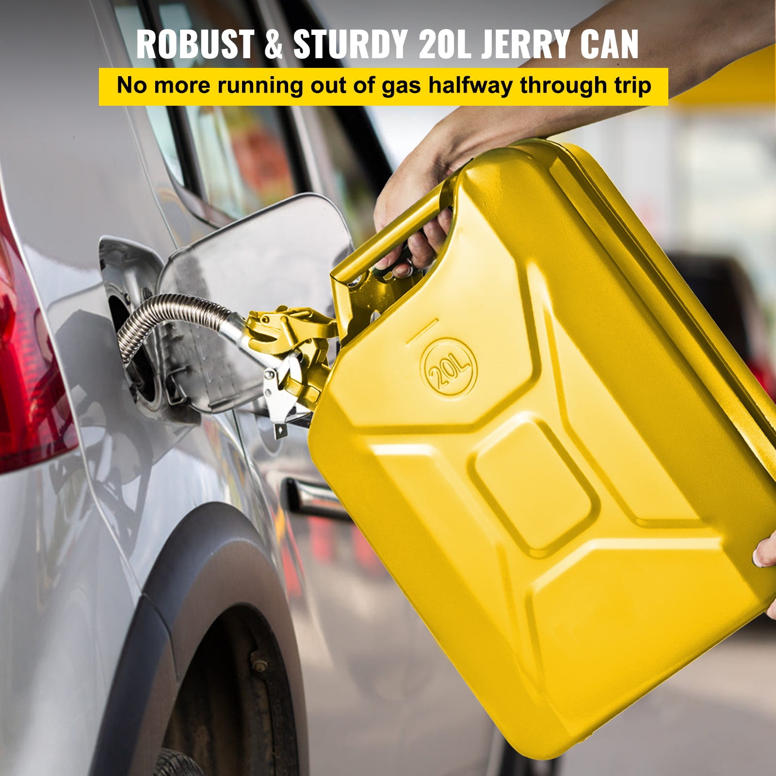 BENTISM Jerry Fuel Can, 5.3 Gallon / 20 L Portable Jerry Gas Can with Flexible Spout System, Rustproof ＆ Heat-resistant Steel Fuel Tank for Cars Trucks Equipment, Yellow