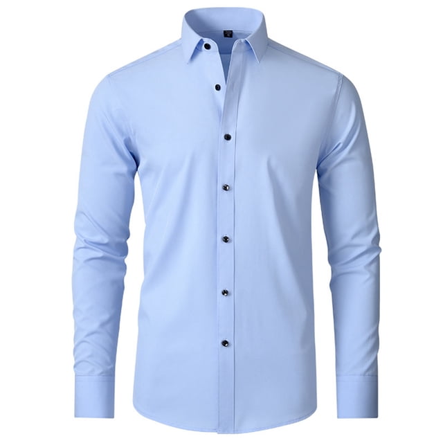 Mens Dress Shirts Slim Fit Long Sleeve Solid Button Down - Polyester Spandex Material, 4 Way Stretch, Wrinkle Resistant