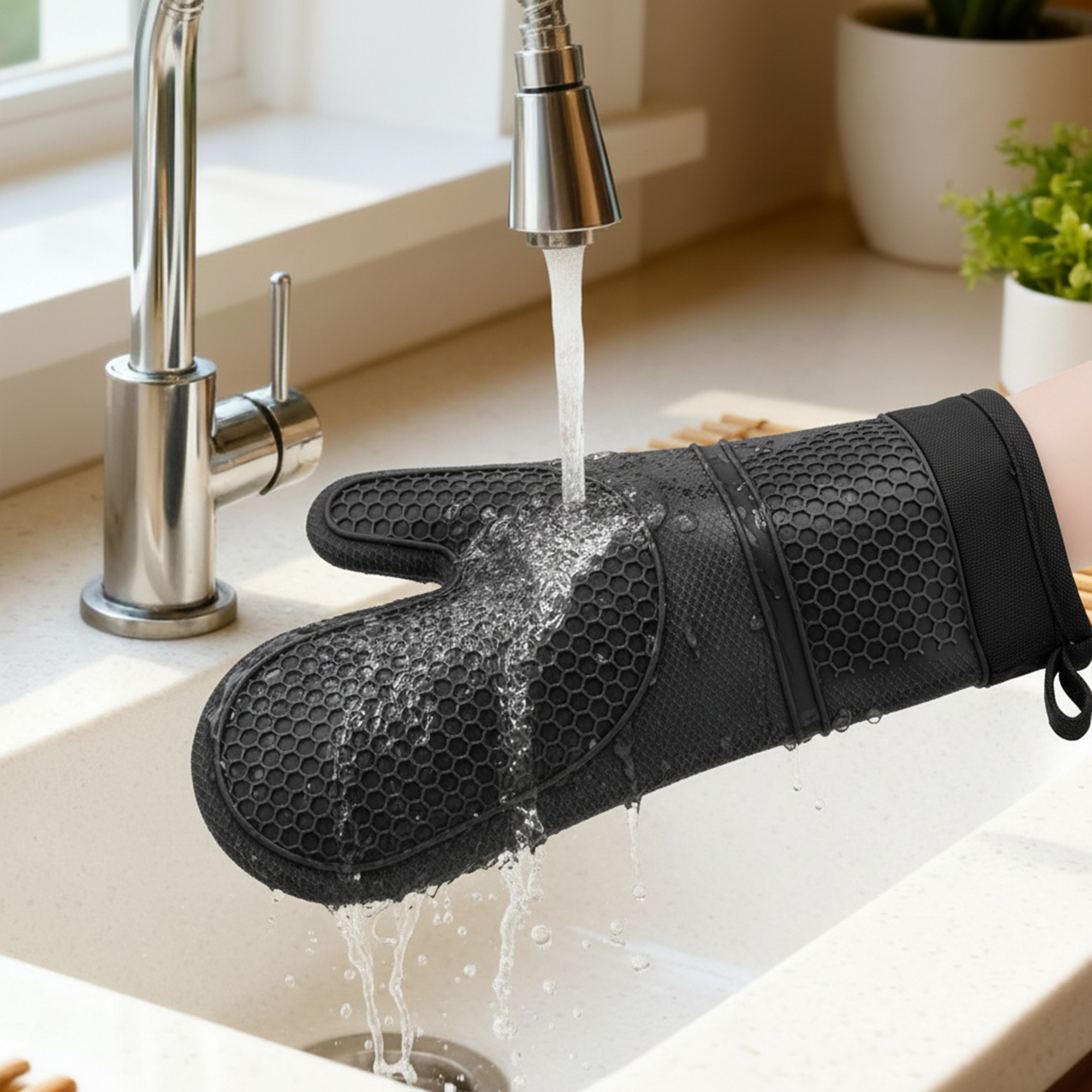 Unique Bargains Heat Resistant Soft Silicone Oven Mitts Set of 2 Black 13x7.5 Inch