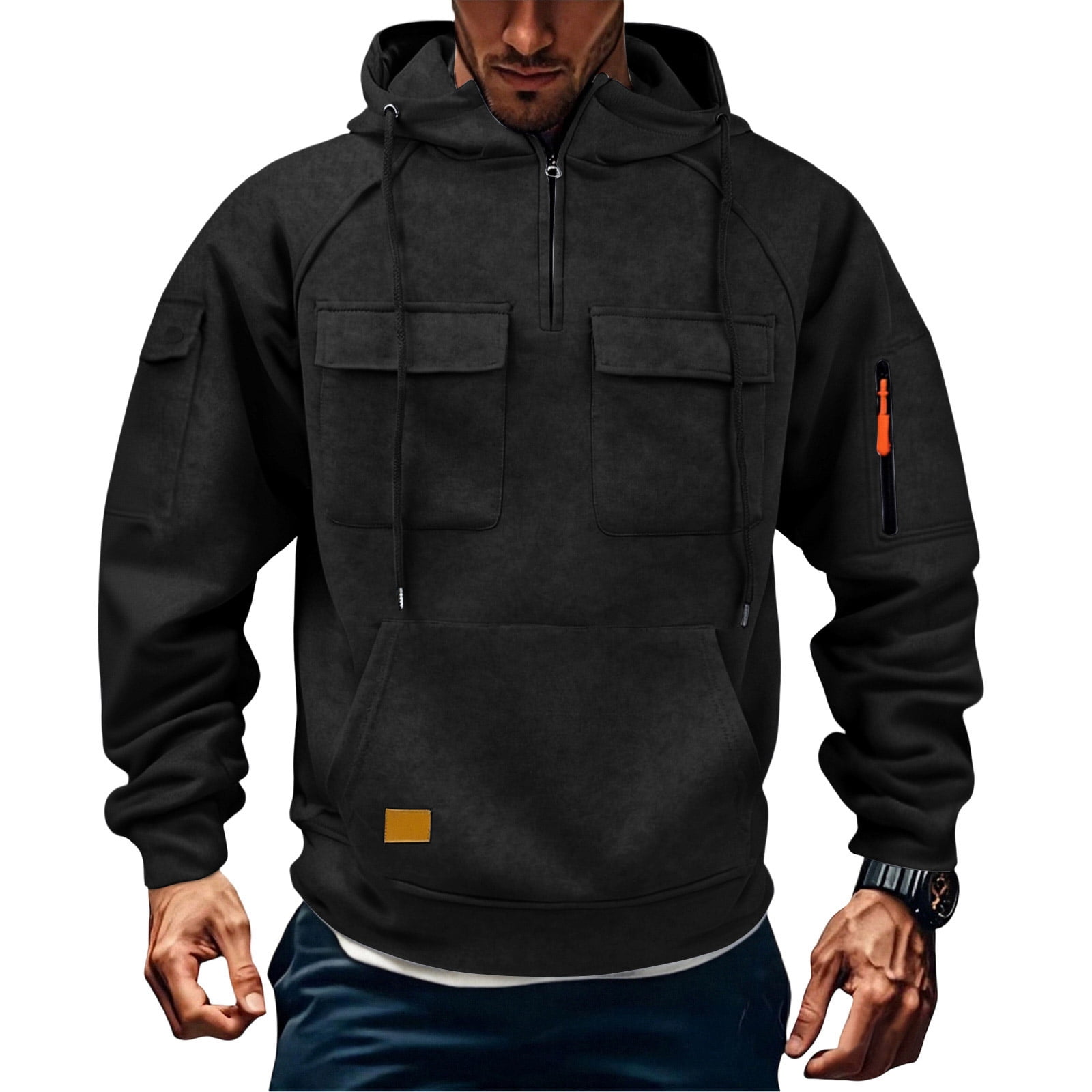 Tactical Mens Pullover Hoodie Fitted Cut Long Sleeve Cargo Sleeve Fall Winter Casual Outdoor Wear Travel Athletic Daily Training Top Hiking Sweatshirt Black S