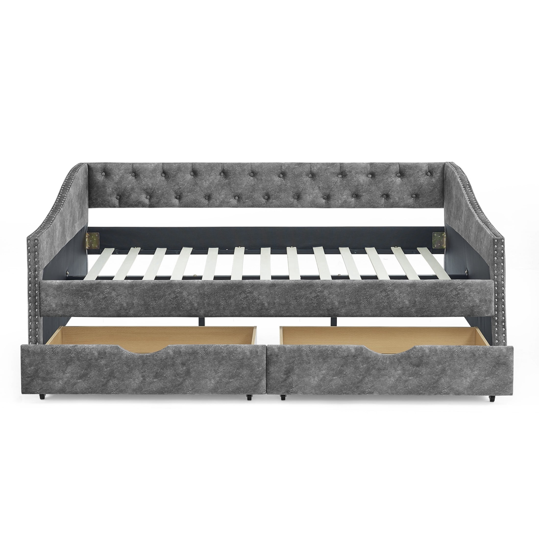 Noble House Solley Mid-Century Full Size Upholstered Daybed with Tufted Back & Storage Drawers, Waved Shape Arms, Grey