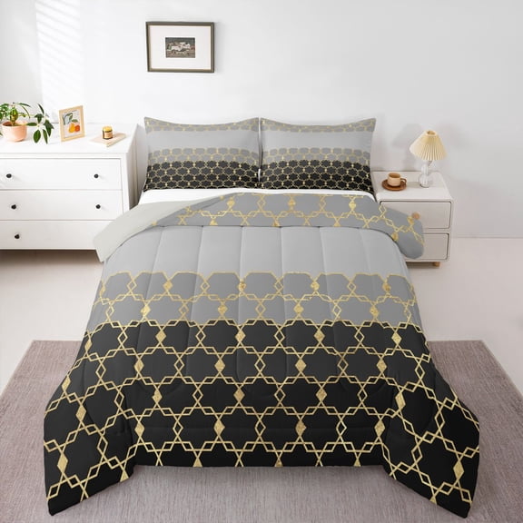 Erosebridal Geometric Honeycomb Full Size Comforter Sets 3 Pieces For Boys Girls,Marble Hexagon Bedding Sets For Teens Adults,Black Grey Gold,Grey Reversible