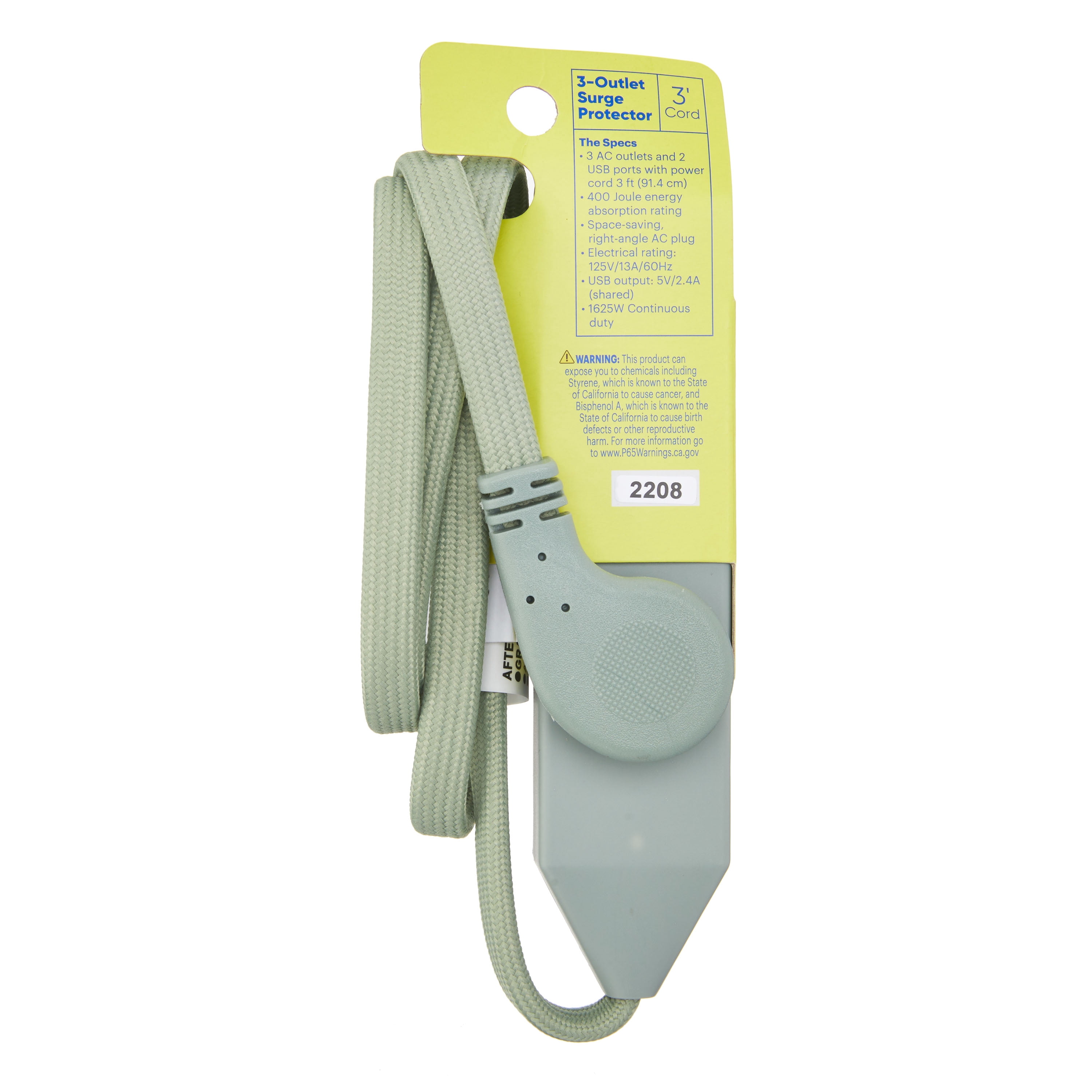 onn. 3-Outlet Surge Protector with 2 USB Ports, Green, 3ft Power Cord, 3 AC Outlets, 2 USB Ports