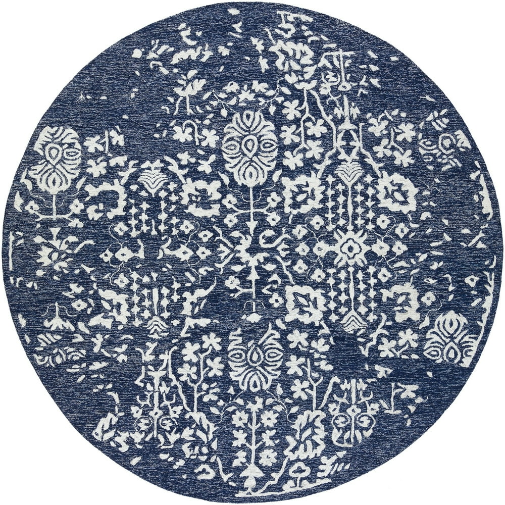 6' Floral Regal Navy Blue and White Round Hand Tufted Wool Area Throw