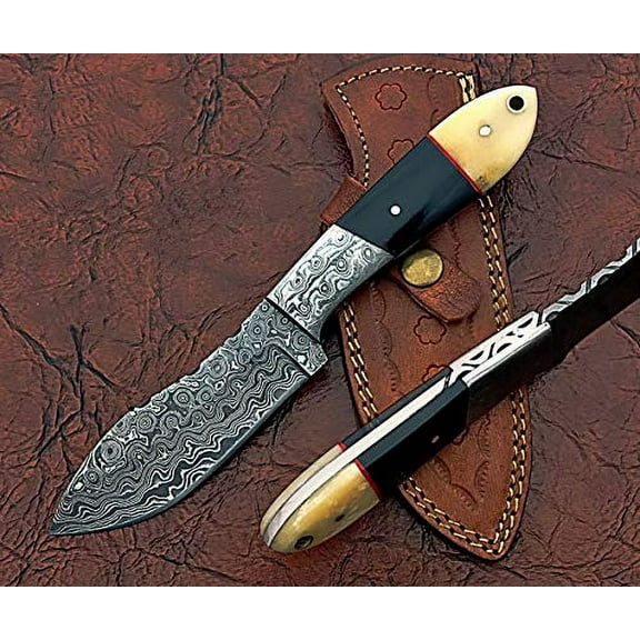 9" Long Modified Trailing Point Blade Skinning Knife, Hand Forged Rain Drop Pattern Damascus Steel Full Tang Blade, Camel Bone and Bull Horn Scale with Damascus Bolster, Cow Leather Sheath