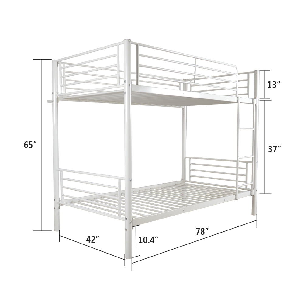 Iron Bed Bunk Bed with Ladder for Kids Twin Size White