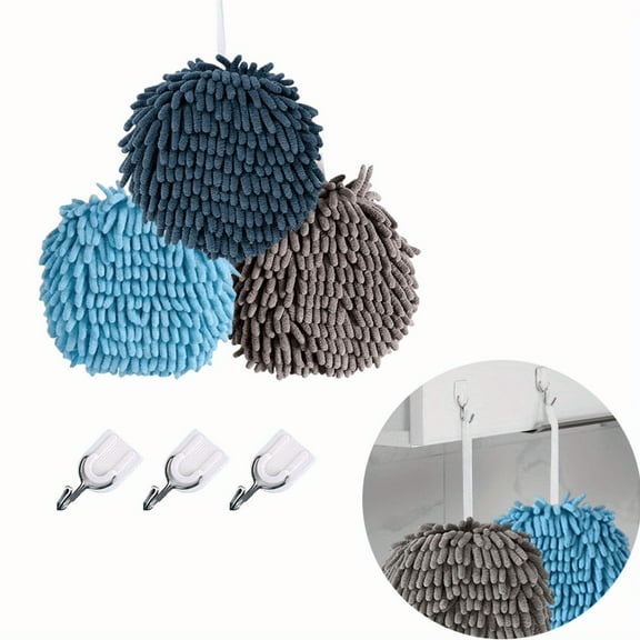 3-Pack Chenille Ball Hand Towels, Ultra Absorbent Quick-Dry Towels for Bathroom & Kitchen (Light Blue, Blue, Grey)
