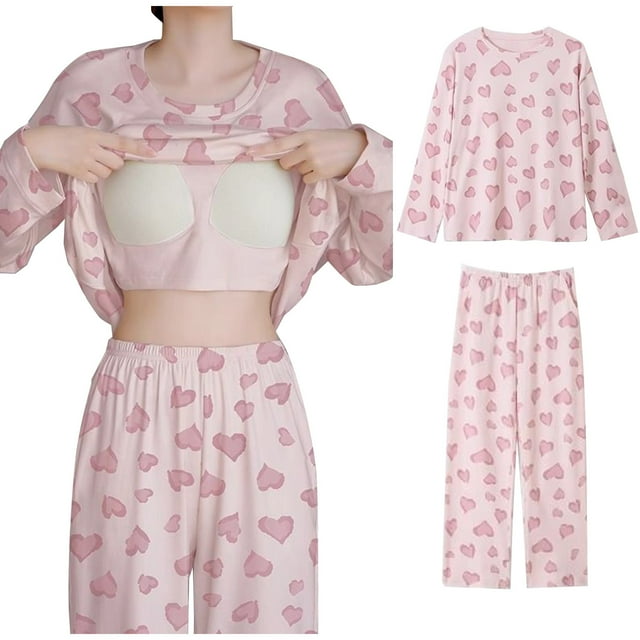 cfhntfmh Ensembles de Pyjamas pour Femmes avec Soutien-Gorge Intégré Décontractés à Manches Longues Col Ras du Cou Chemises de Nuit avec Pantalon Long Doux Ensemble de Vêtements de Nuit