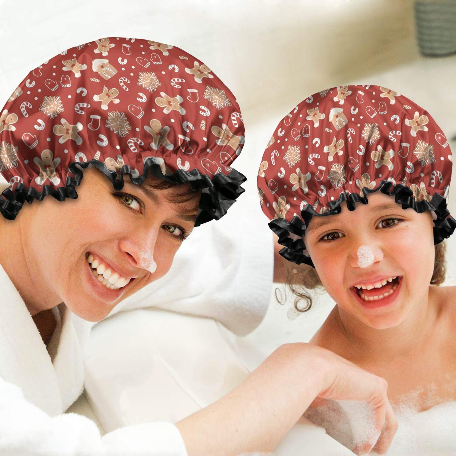 Shower Caps,Red Christmas Gingerbread and Mitten Pattern Waterproof Shower Cap for Women 4 Pieces,Double Reusable Hair Cover for Shower PEVA Elastic Stretch Hem
