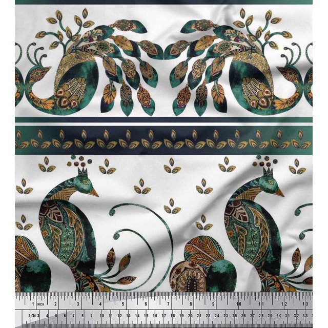 Soimoi Poly Georgette Fabric Stripe & Peacock Ethnic Print Fabric by Yard 42 Inch Wide