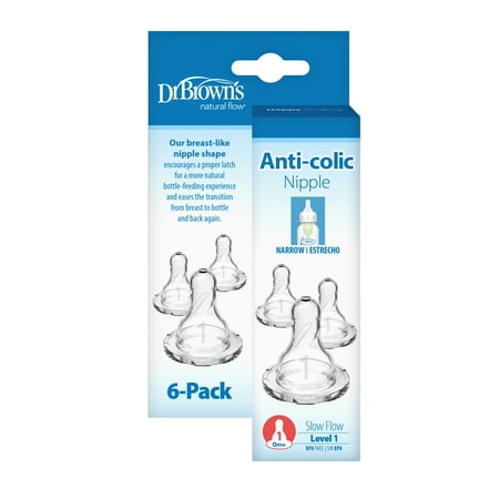 Dr. Brown's Natural Flow Level 1, Narrow Baby Bottle Nipple, Slow Flow, 0m+, 100% Silicone, 6 Pack