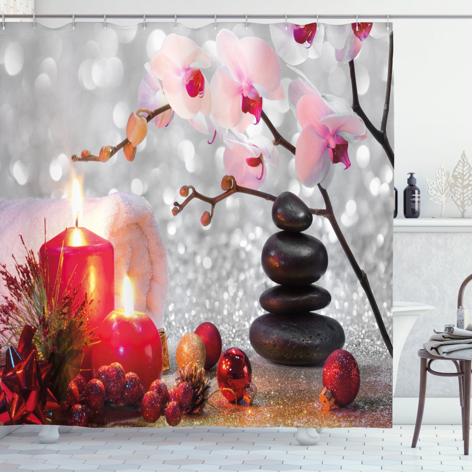 Christmas Spa Shower Curtain with Pink Orchid and Red Candles