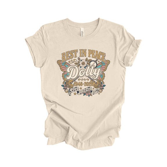 Trenz Shirt Company Rest in Peace Dolly 1946-2026 Memorial T-Shirt – Country Music Legend Butterfly Wings Guitar Floral-Soft Pink-Small