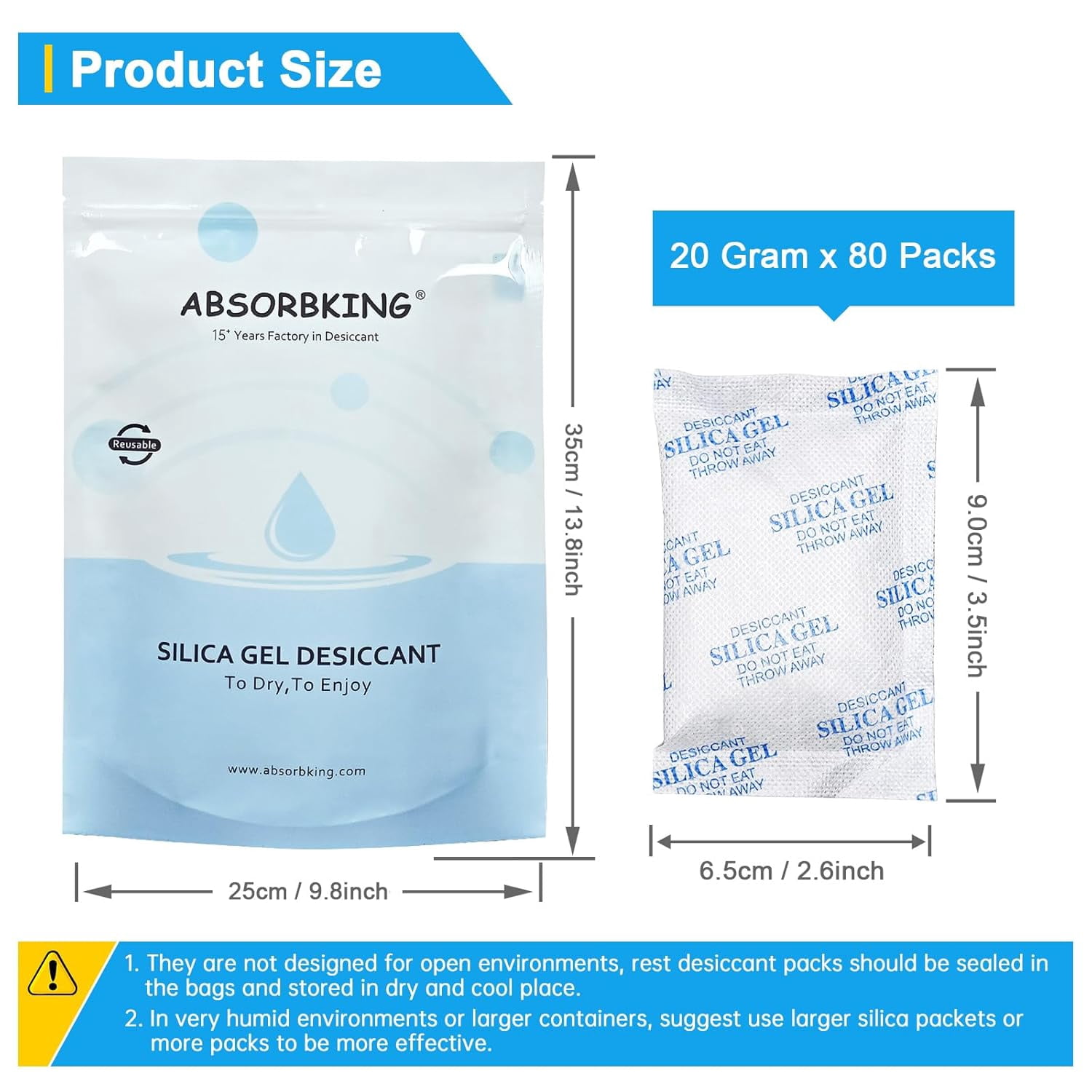 Silica Gel Packets, 20 Gram 80 Packs Food Safe Moisture Absorbers, Desiccant for Storage, Reusable Foods, Storage Bins, 3D Filaments, Electronics, Safes