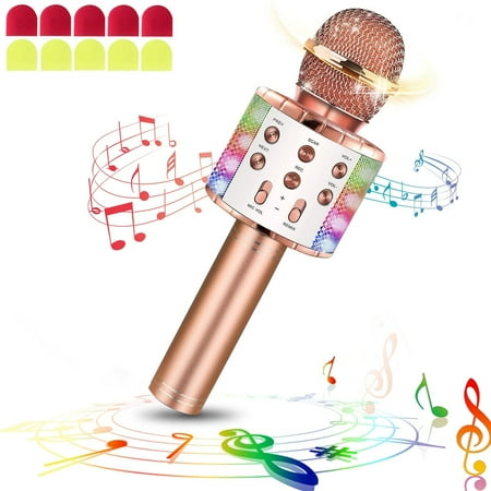 EVERJOYS Wireless 4 in 1 Bluetooth Karaoke Microphone Portable Handheld with LED Lights Speaker Machine Toy Gifts Kid Adult Fit for Android iPhone iPad PC Champagne