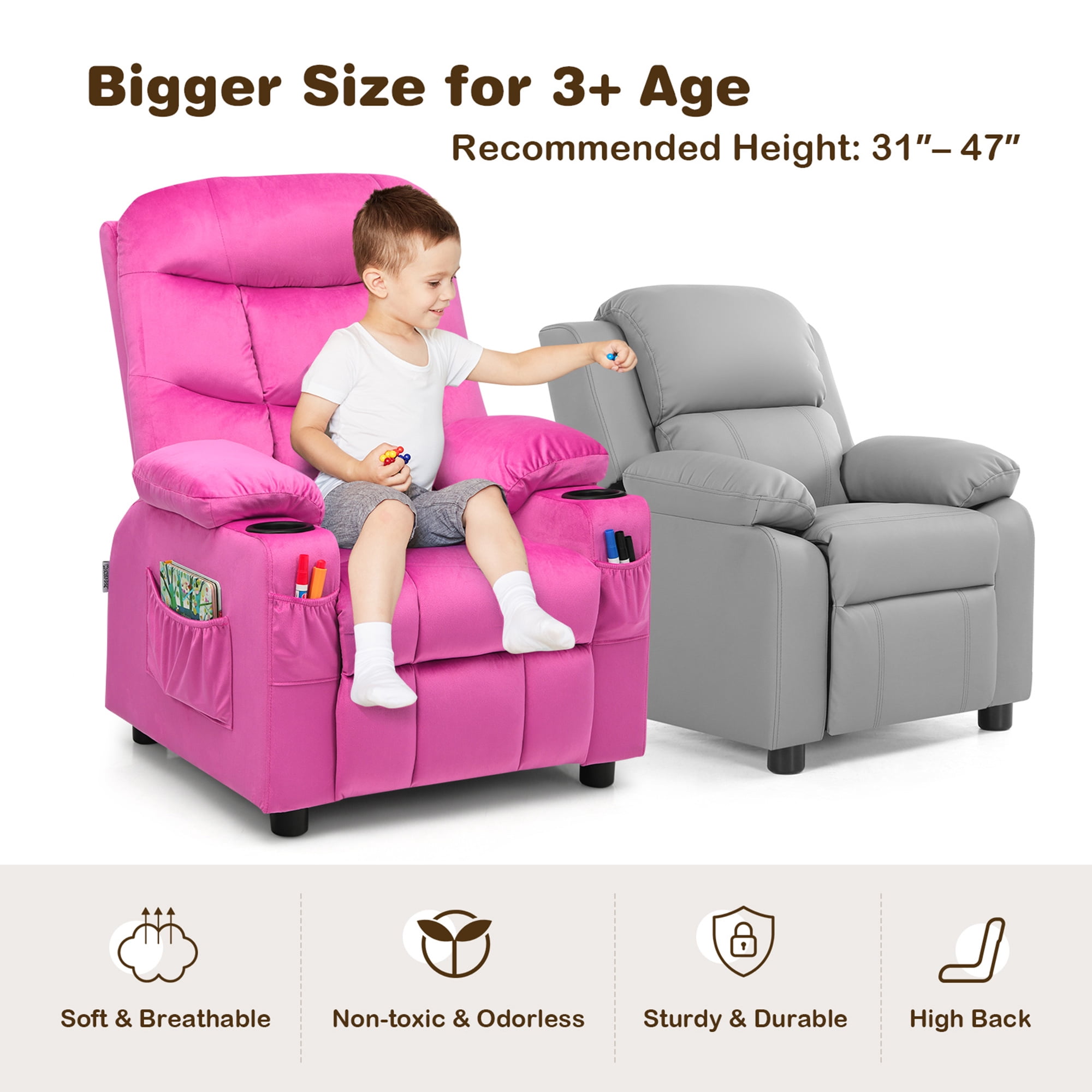 Gymax Kids Youth Recliner Chair Velvet Fabric w/Cup Holder & Side Pocket Pink