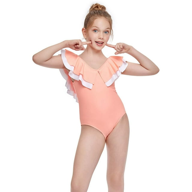 Qertyioot 2-12Y Toddler Kids Baby Girls Solid Summer Small Ruffle Colorful One-piece Swimsuit
