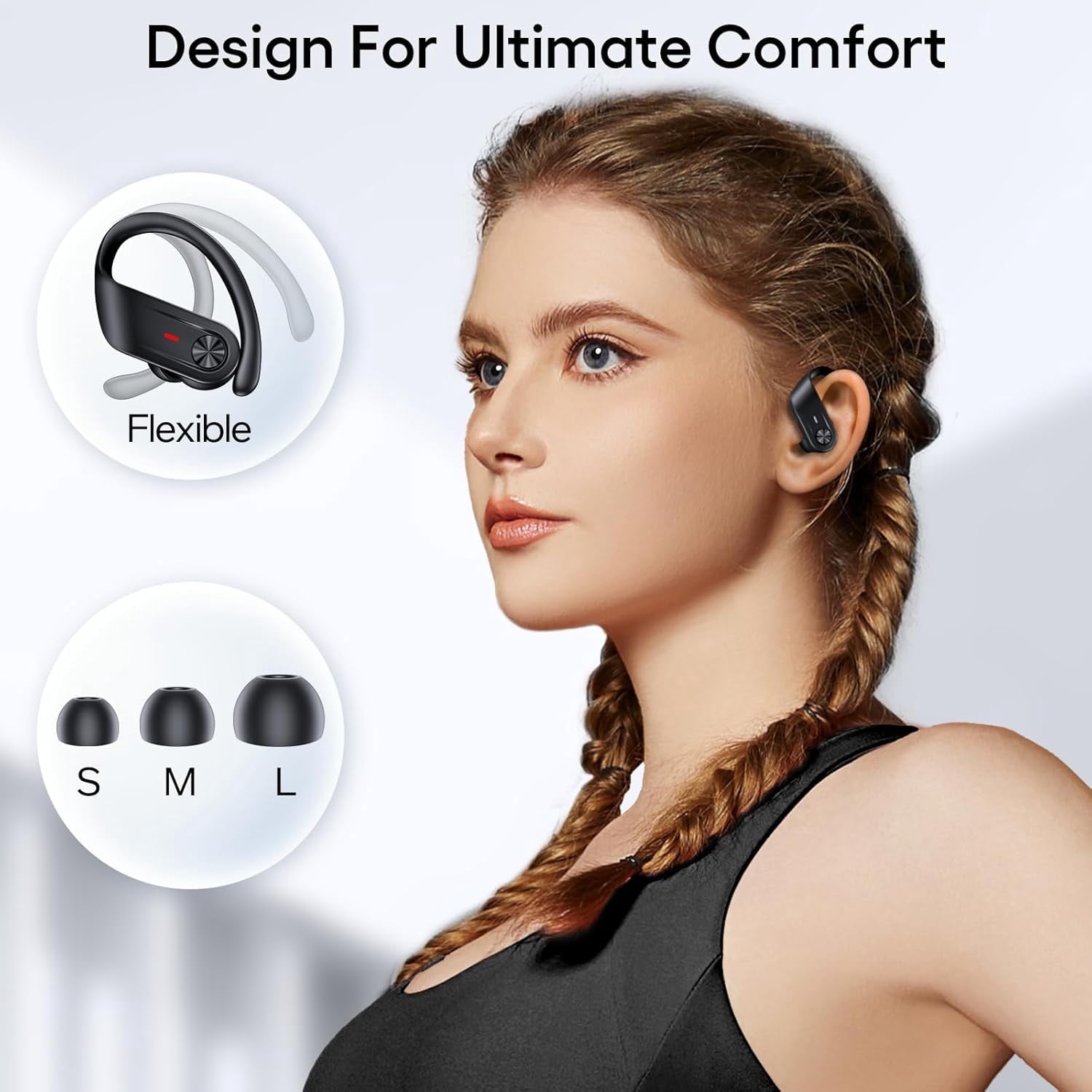 Bluetooth 5.4 Headphones Wireless Earbuds 80Hrs Playtime IPX7 Waterproof Digital Display Sport Ear Buds with Earhook Mic in-Ear Earphones Stereo Sound Earbud for Workout Running Exercise Gym