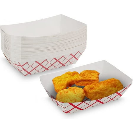 

MT Products 4.5 x 3.2 x 1.25 1/2 lb Red and White Paper Food Trays - Pack of 100