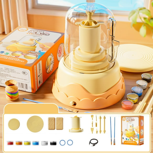 Alician Mini Pottery Kit For Kids Handmade DIY Clay Tool Set Electric Turntable Pottery Machine Birthday Gifts For Girls Boys