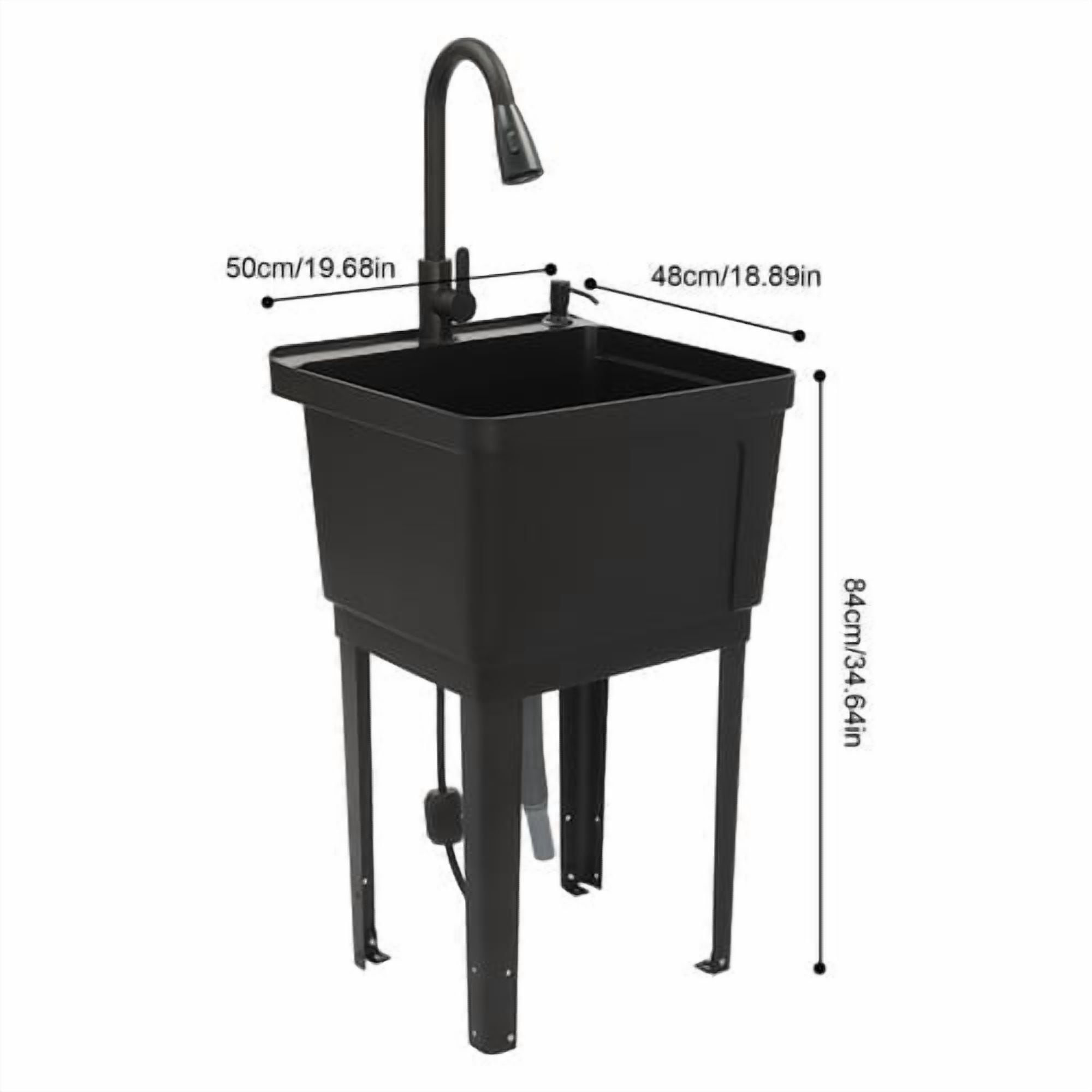 Utility Sink with 360° Rotatable Faucet & Pull Out Sprayer 19.6" L x 19" W x 35" H Freestanding Laundry Tub Sink Single Bowl Kitchen Sink for Laundry Room Bathroom Farmhouse (Black)