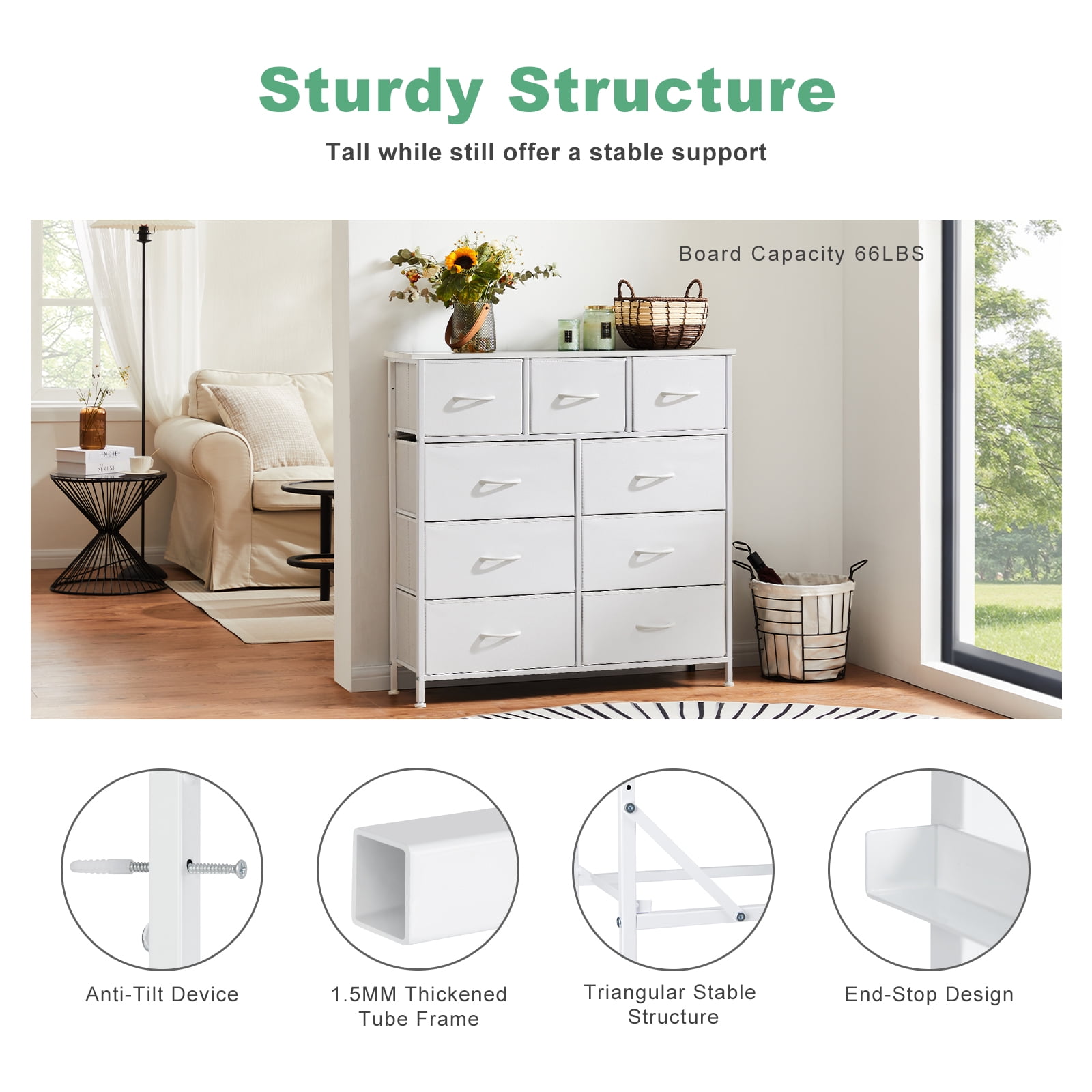 MAYEERTY Fabric Dresser with 9 Drawers for Storage and Organization, 39.4 Inch Tall Chest of Dresser, White